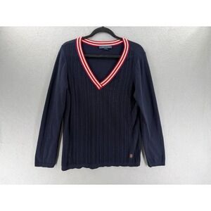 Tommy Hilfiger Sweater Womens Medium Blue Red Striped Collar Academia Old Money